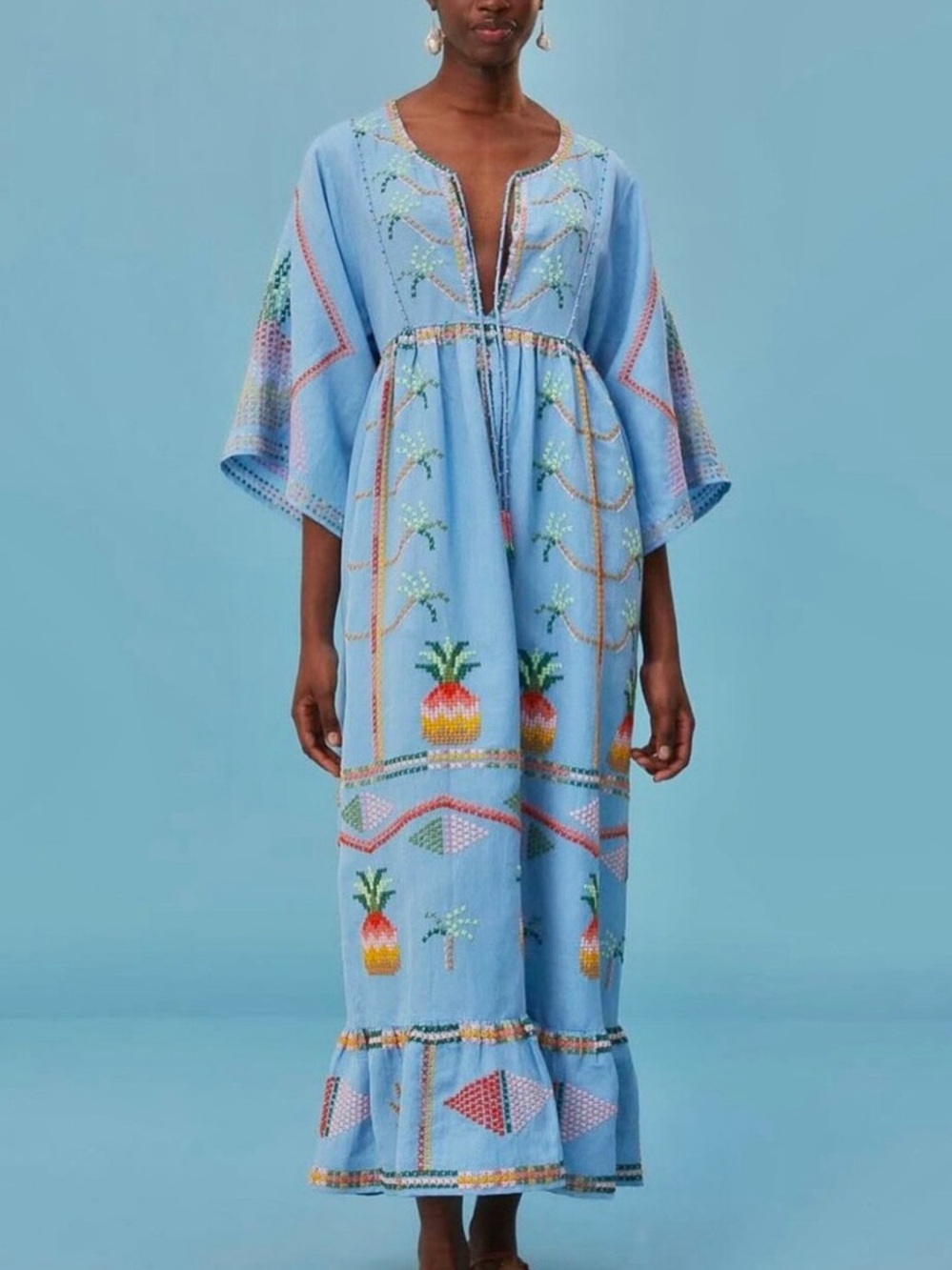 FARM Rio Embroidered Pineapple Linen Maxi Dress / Swim Cover Up - Picture 6 of 14